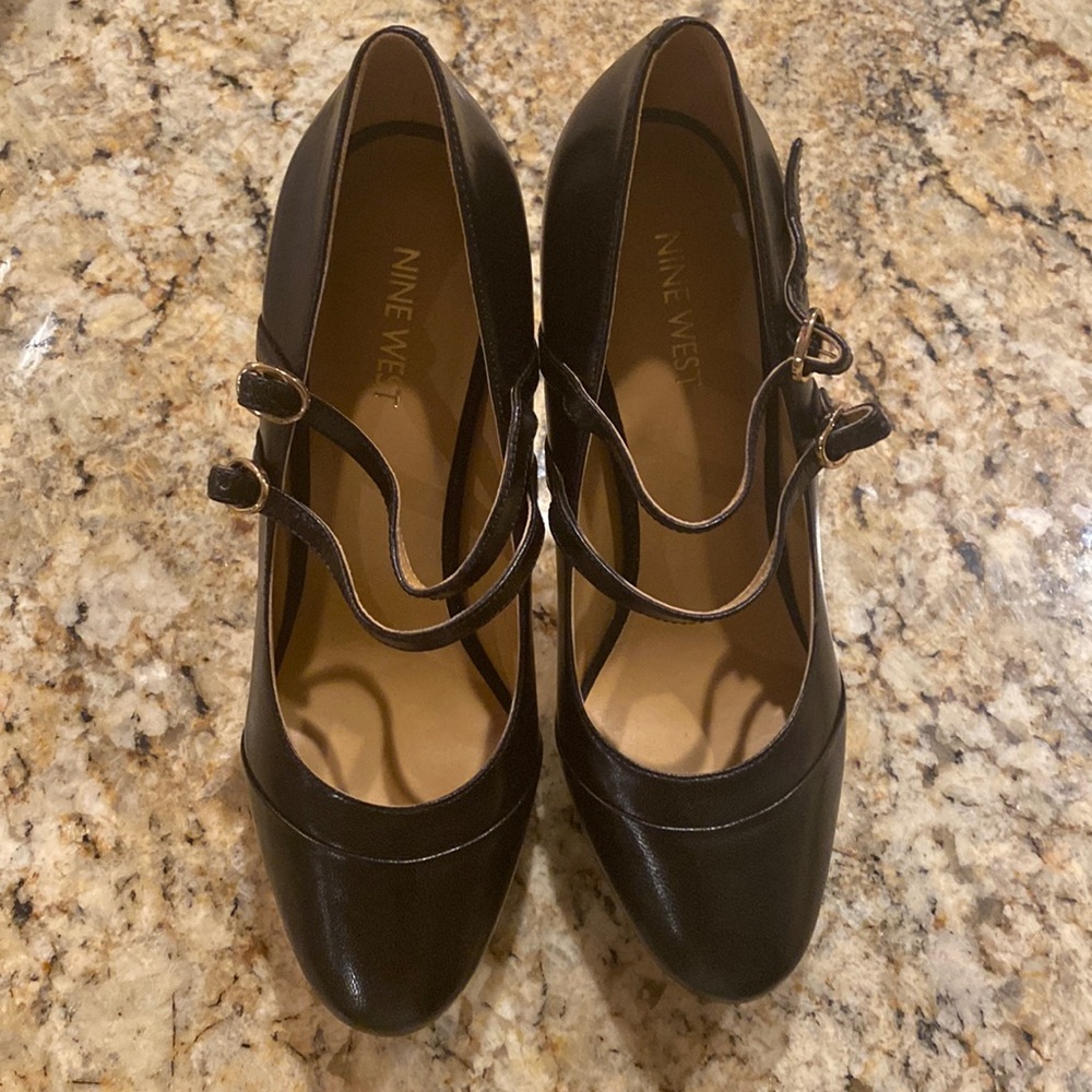 Black Leather high heel Mary Janes